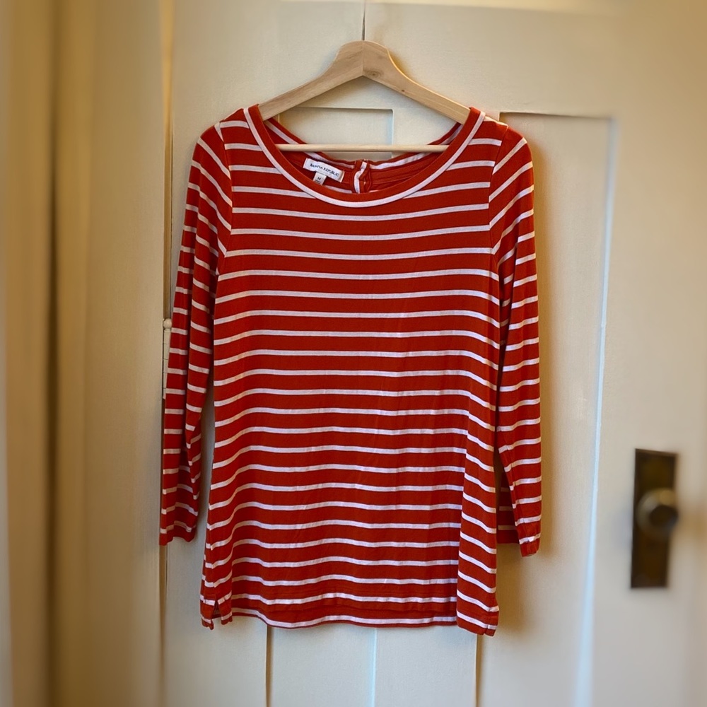 Orange Striped Long Sleeve Button Back Tee